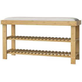 Bamboo Shoe Storage Bench, 3-Tier Entryway Bench with Cushion, Shoe Organizer for Entryway, Hallway, Cream White
