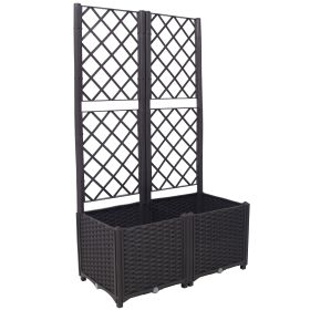 Poly Rattan Brown Trellis Raised Bed with Drainage Plug - 2 Removable Pots with Large Flower Boxes - Built-in Support for Climbing Plants - Outdo