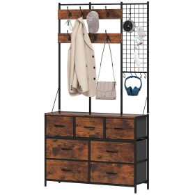 4-In-1 Coat Rack with 7 Drawer Fabric Dresser, Hall Tree with 14 Hooks for Hallway, Entryway, Bedroom, Rustic Brown