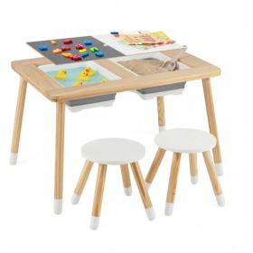 All-in-One Kids Activity Table And Chairs Set, Pine Wood Sensory Table With Foldable Storage Bins For Ages 3+ (Option: defaulttitle)
