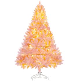 HOMCOM 6' Tall Prelit Christmas Tree Douglas Fir Artificial Christmas Tree With Realistic Branches, 250 Warm White LED Lights And 1000 Tips, Pink (Option: PINK)