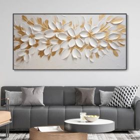 Handmade Oil Painting Gold Foil Flower Knife Canvas Painting Abstract Blooming White Floral Modern Light Luxury Texture Art Premium Home Wall Dec (style: 01, size: 70x140cm)