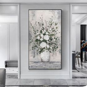 Handmade Oil Painting Abstract White Floral Vase Palette Knife Textured Oil Painting Modern Art On Canvas Grey Wall Art Foe Home Decor (style: 01, size: 100x200cm)
