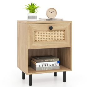 Rattan Nightstand Boho End Table with Rattan Drawer and Open Shelf (Color: White)