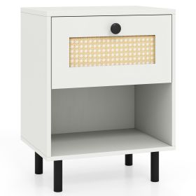 Rattan Nightstand Boho End Table with Rattan Drawer and Open Shelf (Color: Natural)