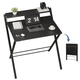 Small Folding Desk with Shelf, No-Assembly Foldable Computer Table for Tight Spaces, Portable Writing Desk for Office Dorm Apartment (Color: Black)