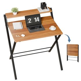 Small Folding Desk with Shelf, No-Assembly Foldable Computer Table for Tight Spaces, Portable Writing Desk for Office Dorm Apartment (Color: Brown)